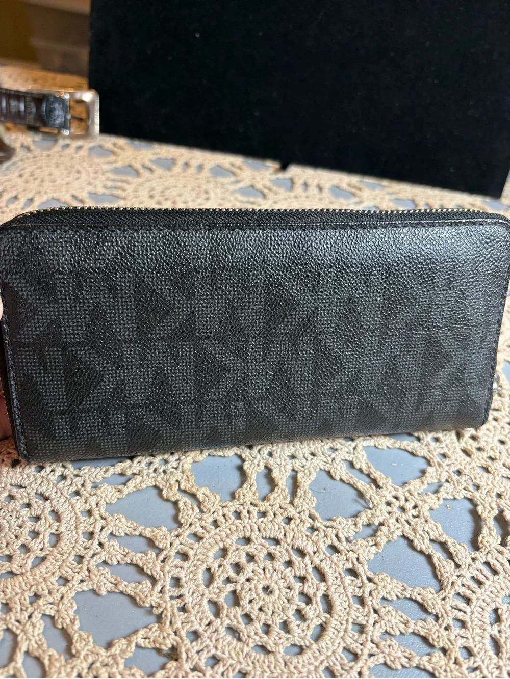 Michael Kors Black Signature Zip Wallet with Metal Plaque